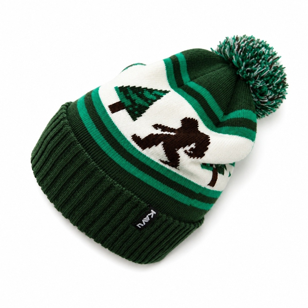 KAVU Beanie Herschel Bigfoot Sasquatch Forest Green Pom Pom Knit Hat Camping